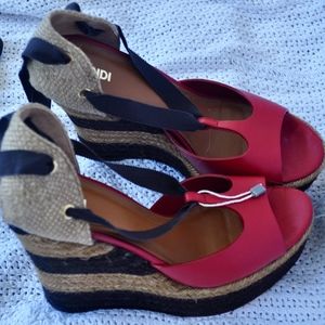 Authentic Fendi Red Lace-Up Wedges *NEVER WORN* -